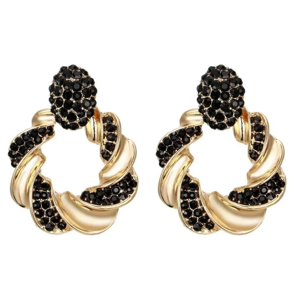 Yellow Gold with Black Onyx Crystal Twisted Round Post Back Statement Earrings